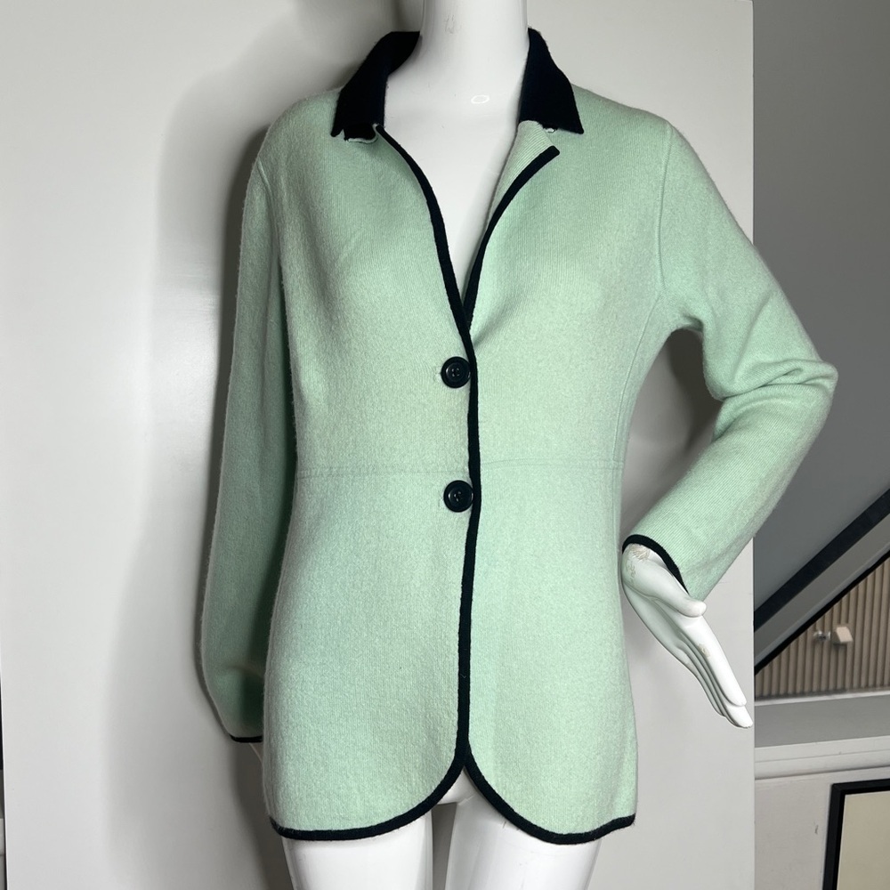 Belford Sz L 100% Cashmere Front Button Cardigan Sweater Jacket Black Teal